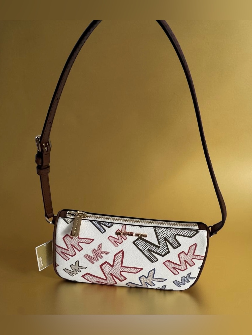 Michael Kors White Multicolor MK Logo Shoulder Bag with Brown Trim - Picture 9 of 16